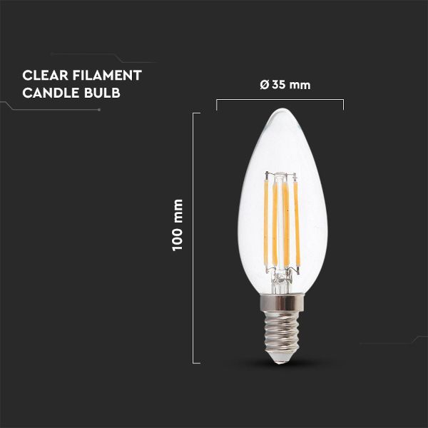 V TAC Λάμπα LED E14 Κερί Filament 6W Θερμό Λευκό 3000K Γυαλί Διάφανο 2