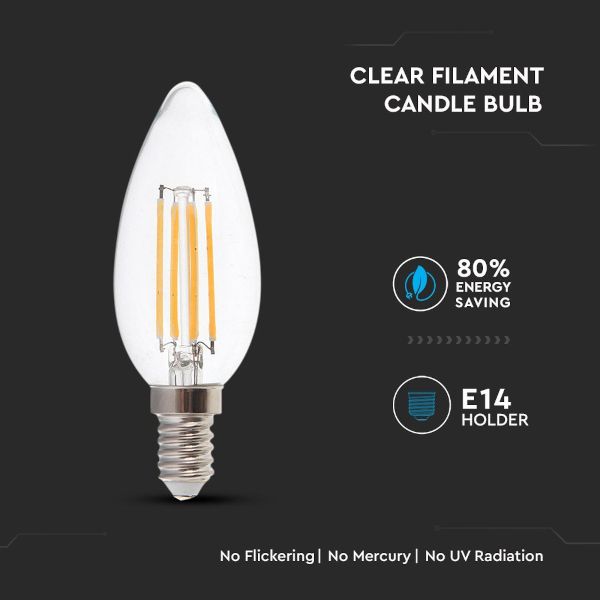 V TAC Λάμπα LED E14 Κερί Filament 6W Θερμό Λευκό 3000K Γυαλί Διάφανο 3