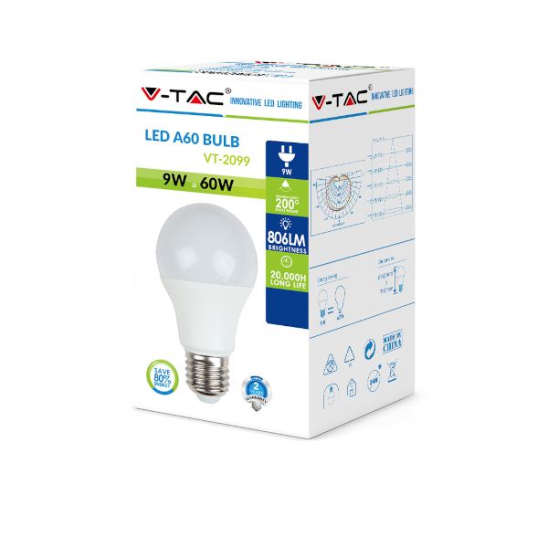 V TAC Λάμπα LED E27 A60 SMD 9W Ψυχρό Λευκό 6400K 3